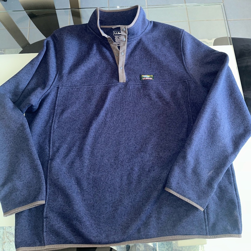 LL Bean Fleece Pullover Sweater Snap Button Mock Neck‎ Blue Mens ~ XXL Tall